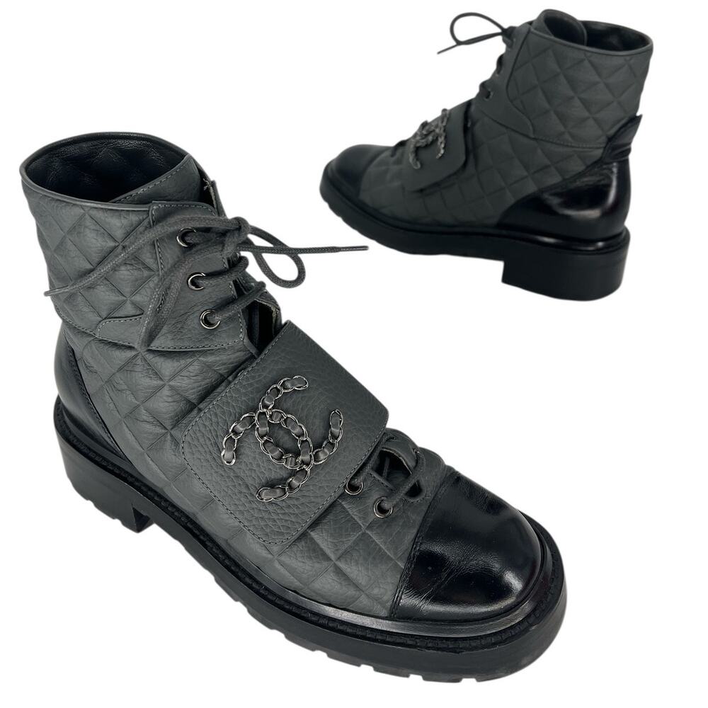 Chanel 2022 CC Chain Quilted Cap Toe Logo Combat Boots in Gray & Black